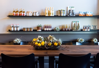 Custom adjustable height table at Civic Kitchen in San Francisco.