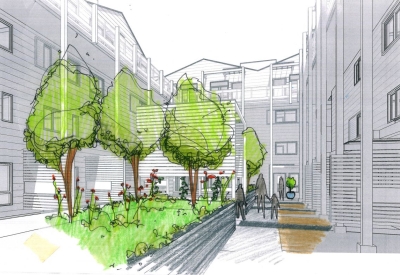 Conceptual Sketch of the courtyard for Armstrong Place in San Francisco.