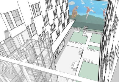Rendering of the courtyard from the roof deck for Richardson Apartments in San Francisco.