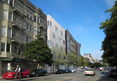 Exterior rendering of Richardson Apartments down from Fulton Street in San Francisco.