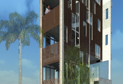 Rendering of the open-air green stair at  Richardson Apartments in San Francisco.