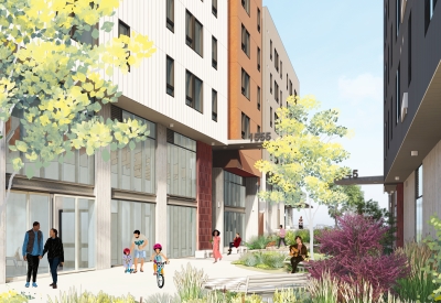 Exterior rendering of the pedestrian greenways at Sunnydale Block 3 in San Francisco.