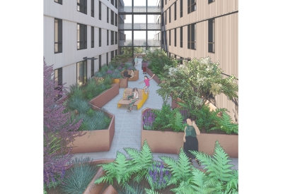 Exterior rendering of a courtyard at Sunnydale Block 3 in San Francisco.