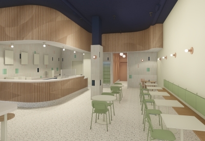 Interior rendering with tables and counter for Big Spoon Creamery in Huntsville, Al.
