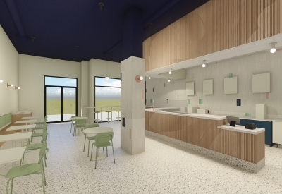 Interior rendering tables, counter and stools for Big Spoon Creamery in Huntsville, Al.