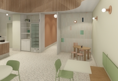 Interior rendering tables, counter and stools for Big Spoon Creamery in Huntsville, Al.