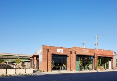 Exterior view of the bakery, barbershop, and café at the Bandsaw Building in Birmingham, Alabama.