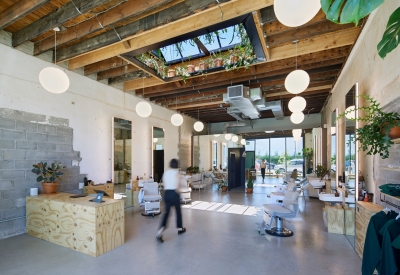 Interior view of the barbershop at the Bandsaw Building in Birmingham, Alabama.