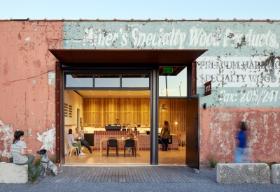 Side entrance to the café at Bandsaw Building in Birmingham, Alabama.