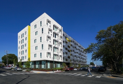 Exterior street view of Coliseum Place in Oakland, California.