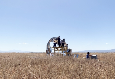 A group of people in the foreground building peepSHOW with blue skies in the desert in New Cuyama, California.