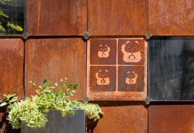 Detail of the weathering steel facade at Zero Cottage in San Francisco.