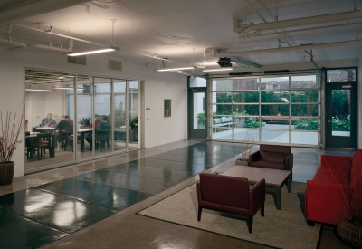 Lobby at Curran house showing visual connections to offices and the courtyard.