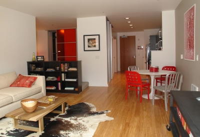 Living room in a junior one bedroom apartment in 200 Second Street in Oakland, California.