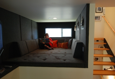 Built-in padded relaxation nook inside a unit at Blue Star Corner in Emeryville, Ca.