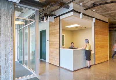 Entrance lobby inside Onizuka Crossing Family Housing in Sunnyvale, California.