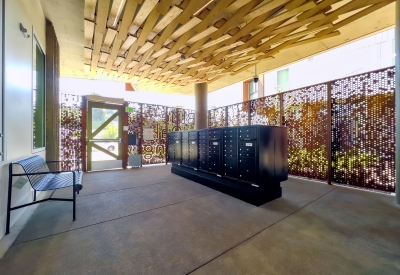 Mailboxes inside the entry of Blue Oak Landing surrounded by the cor-ten steel entry fence in Vallejo, California.
