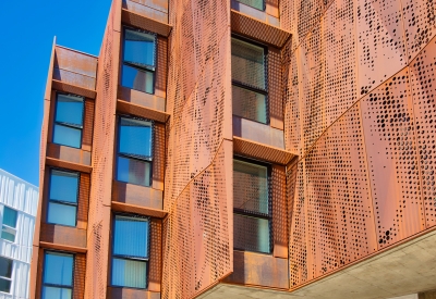 Exterior view of the weathering cor-ten facade on the exterior of Blue Oak Landing in Vallejo, California.