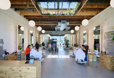 Interior of the barbershop at the Bandsaw Building in Birmingham, Alabama.