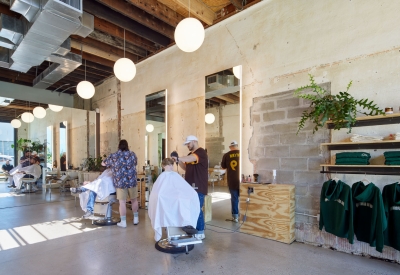 Interior of the barbershop at the Bandsaw Building in Birmingham, Alabama.