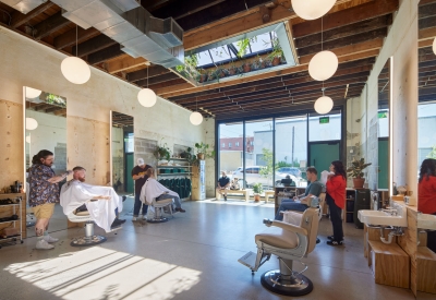 Interior of the barbershop at the Bandsaw Building in Birmingham, Alabama.