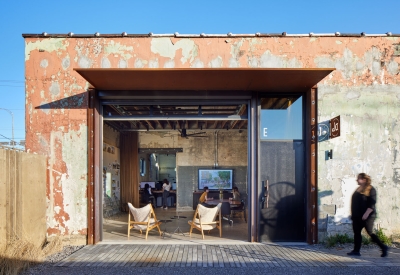 Looking into the office of DBA_BHM from the Bandsaw Building courtyard in Birmingham, Alabama.