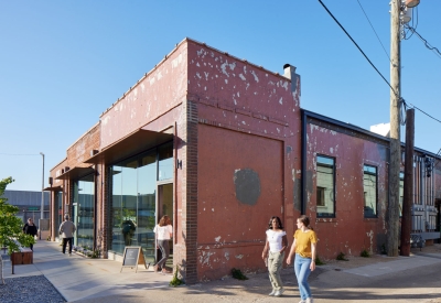 Exterior of the corner of the Bandsaw Building in Birmingham, Alabama.