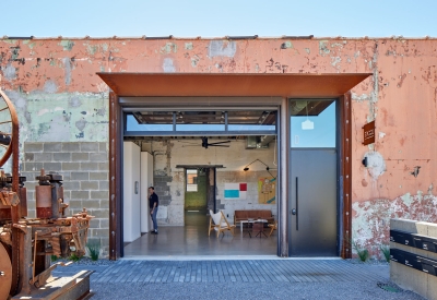 Looking into the office of Locke Contractors from the Bandsaw Building courtyard in Birmingham, Alabama.