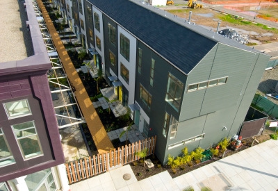 View of the resident pathway from above at Pacific Cannery Lofts in Oakland, California.