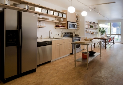 Interior view of a loft unit kitchen at Pacific Cannery Lofts in Oakland, California.