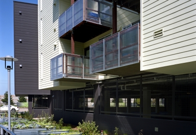 Exterior view of the resident gardens at Ironhorse at Central Station in Oakland, California.