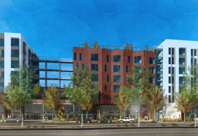 Exterior rendering of 11th Street elevation and entry for Windflower II in Union City, California.