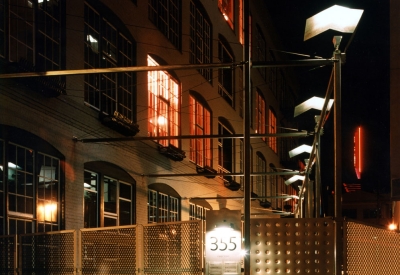 Entry gate at night at 355 Bryant Lofts in San Francisco.