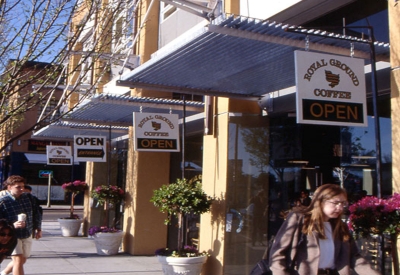 Exterior view of the retail spaces at Manville Hall in Berkeley, California.