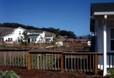 Community garden with townhouses in the background at Moonridge Village in Santa Cruz, California.
