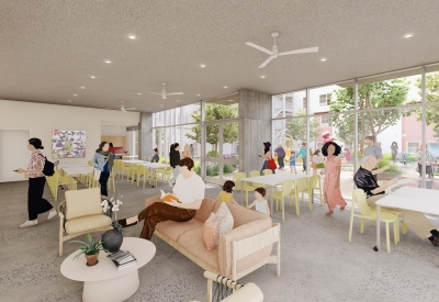 Rendering of the community lounge for Colibrí Commons in East Palo Alto, California.