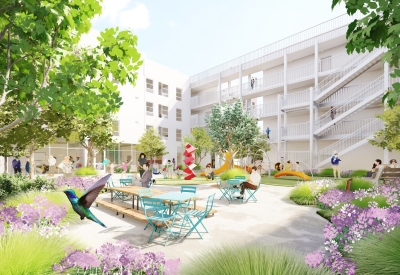 Community courtyard rendering for Colibrí Commons in East Palo Alto, California.