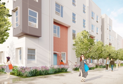Exterior rendering of the pedestrian pathway for Colibrí Commons in East Palo Alto, California.