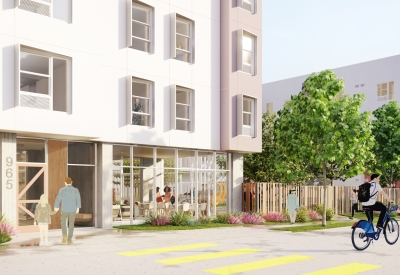 Exterior rendering of the entry to Colibrí Commons in East Palo Alto, California.