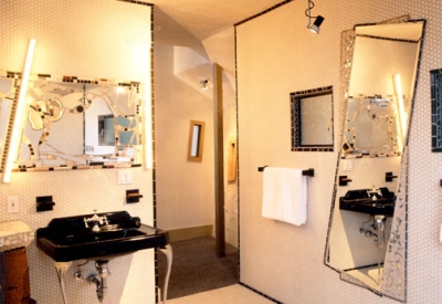 Bathroom and sink inside Revenge of the Stuccoids in Berkeley, California.