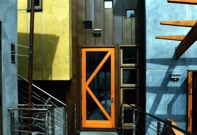 Exterior view of the front entry bridge to Kayo House in Oakland, California.