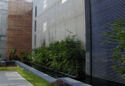 Entry courtyard with fountain wall and greenery at 1500 Park Avenue Lofts in Emeryville, California.