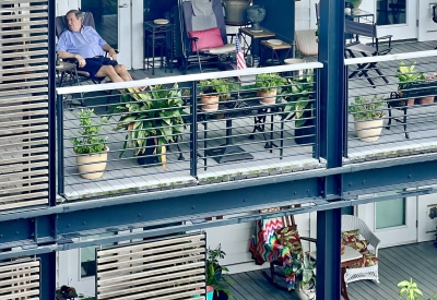 View of porches with various personal touches added by residents