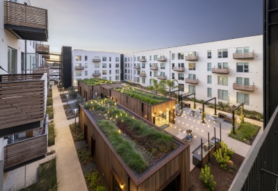 Exterior view of the Union Flats courtyard at dusk in Union City, California.