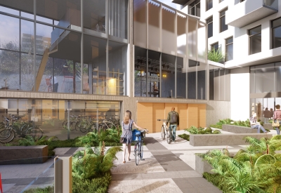 Exterior rendering of the courtyard for 600 McAllister in San Francisco.