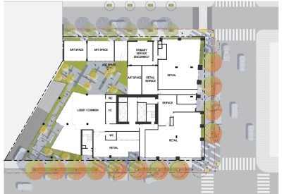 Ground level floor plan with landscape design for 600 McAllister in San Francisco.