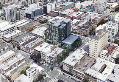 Aerial rendering of 1101 Sutter from the southeast in San Francisco.