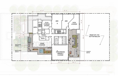 The top level on the fourteenth floor, with a game lounge, fitness studio, and garden at 1101 Sutter in San Francisco.