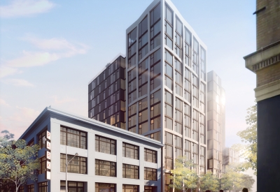 Exterior rendering of 1101 Sutter from the corner of Sutter and Larkin Street in San Francisco.