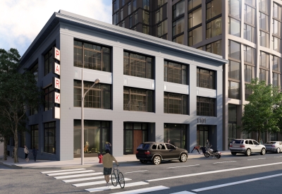 Exterior rendering of the corner of the ground floor at corner of Sutter and Larkin Street.